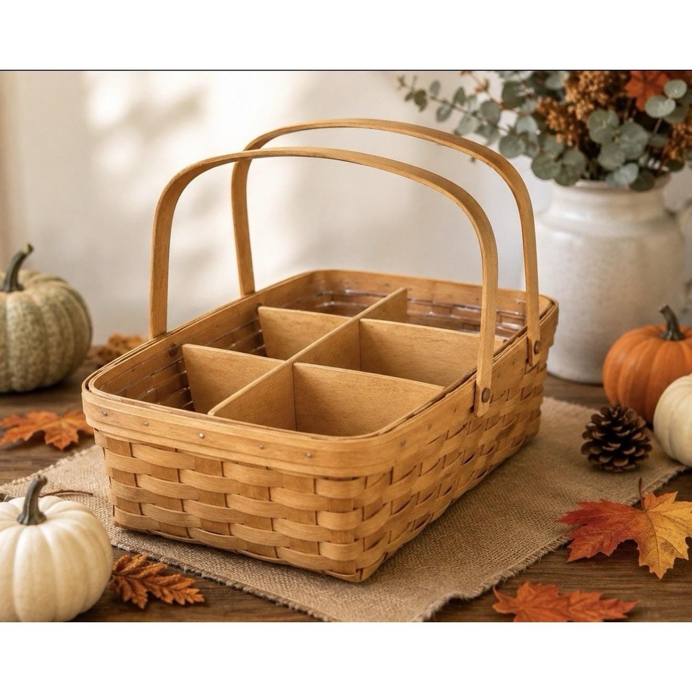 1994 Longaberger Gathering Basket 18" Wood 6-Way Divider Protector Double Handle